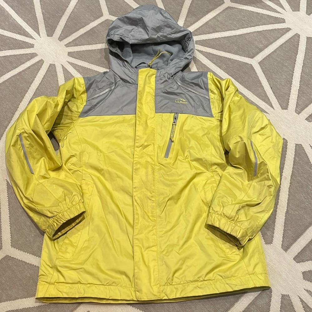 LL Bean Kids' Trail Model Rain Jacket, Lined, yellow/gray, size M